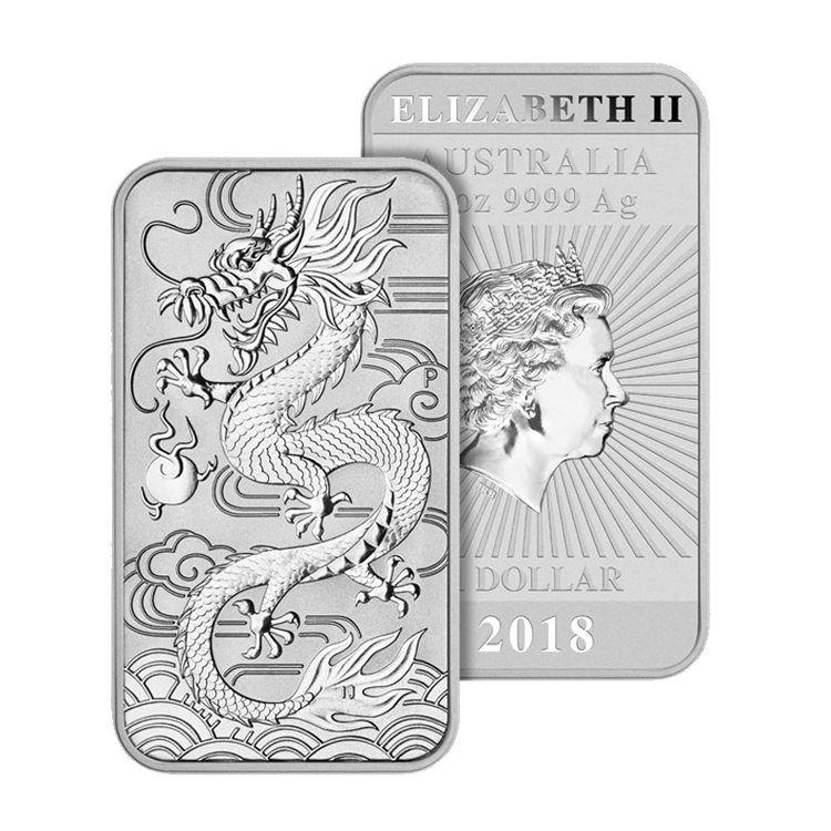 1 troy ounce silver coin bar Rectagular Dragon 2018 angle 1