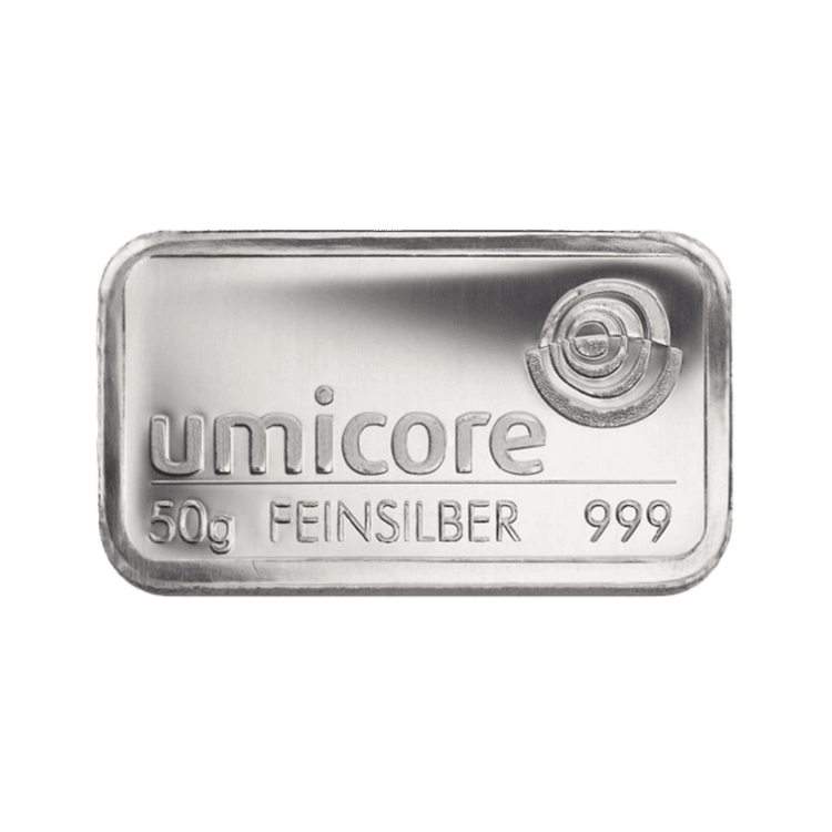 50 gram Umicore zilverbaar voorkant