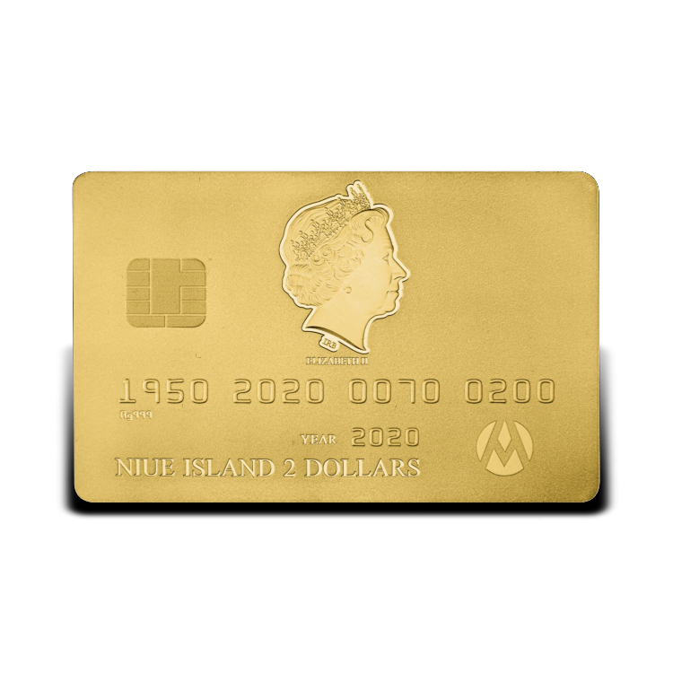 1,5 troy ounce zilveren credit card munt met goudlaag 2020 perspectief 1