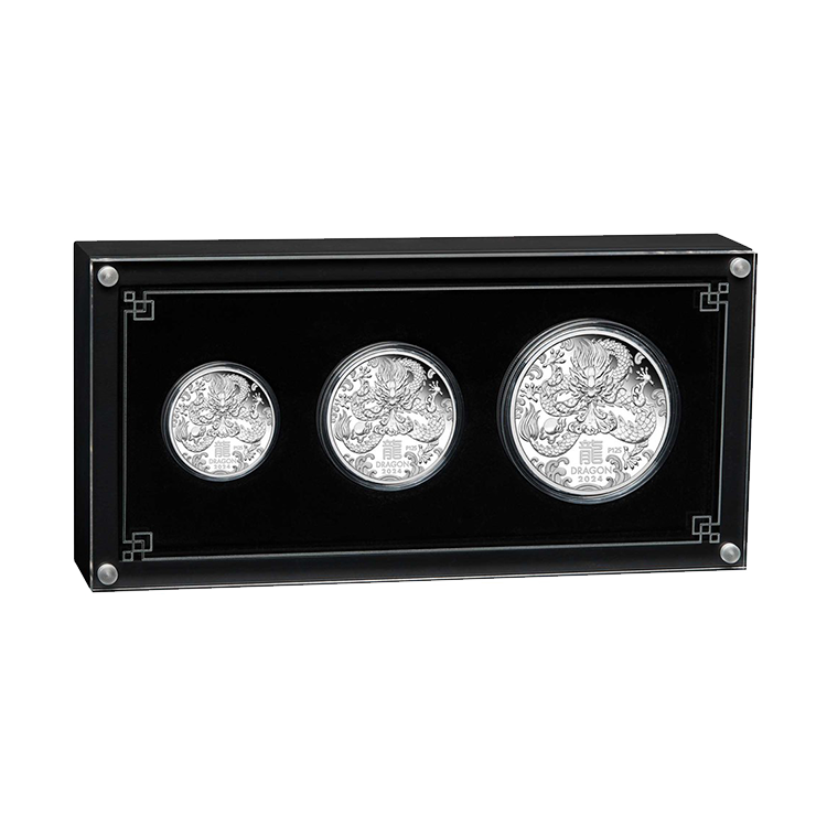 3-delige set zilveren munten Lunar 2024 Proof perspectief 2