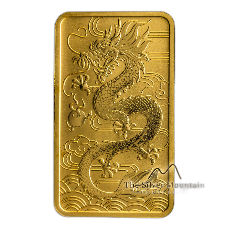 1 Troy ounce gold coin bar Rectangular Dragon 2018 front