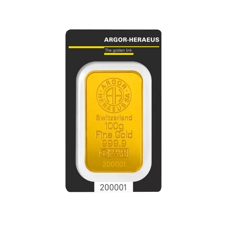 100 gram goldbar Argor-Heraeus front