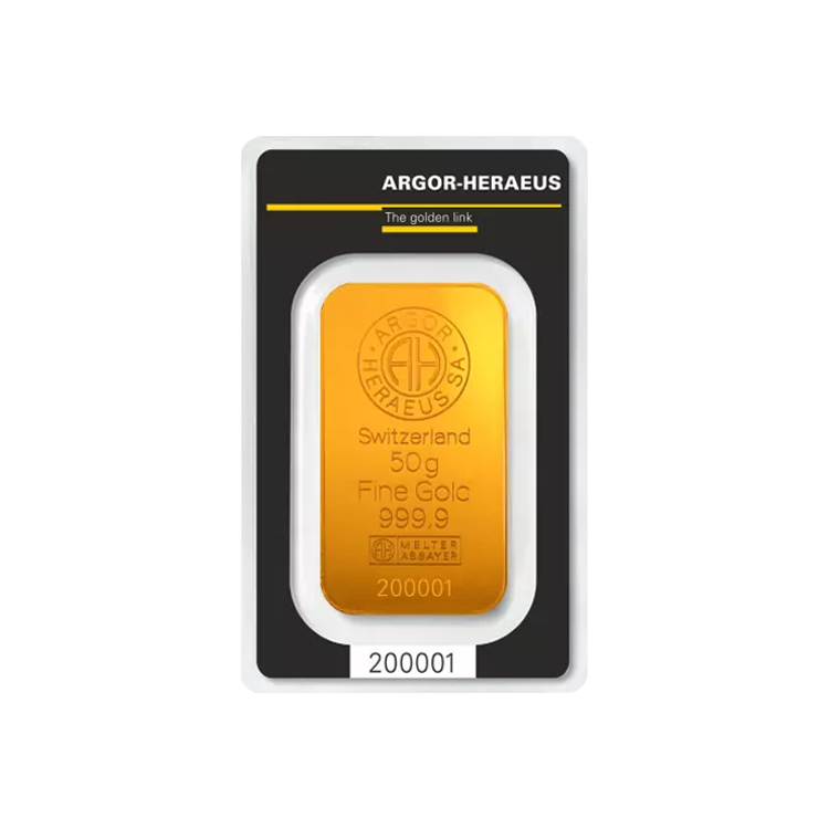 50 gram goldbar Argor-Heraeus front