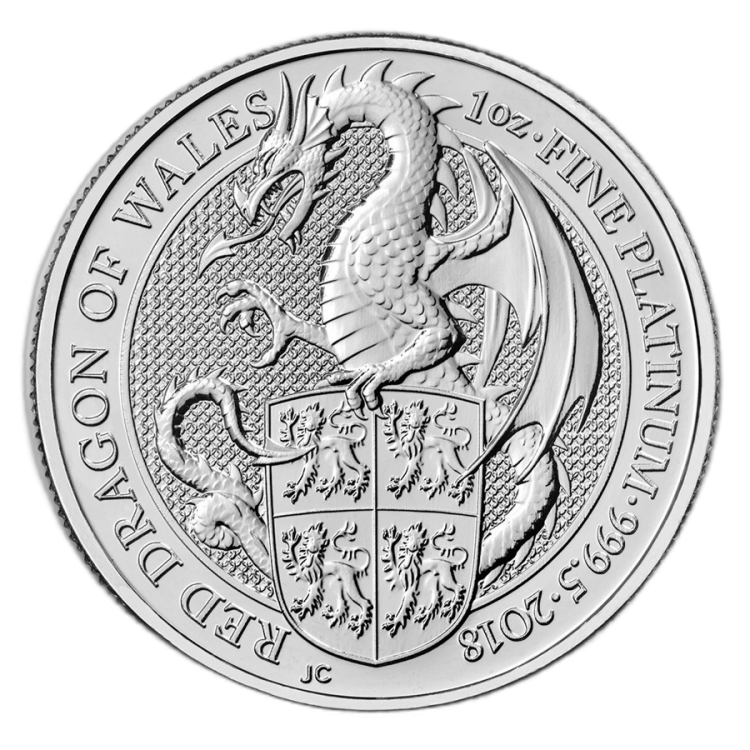 1 Troy ounce platina munt Queens Beasts Dragon 2018 voorkant