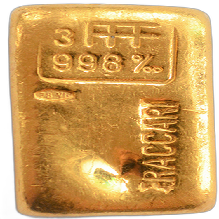 Zeldzame goudbaar 99,91 gram Fraccari voorkant