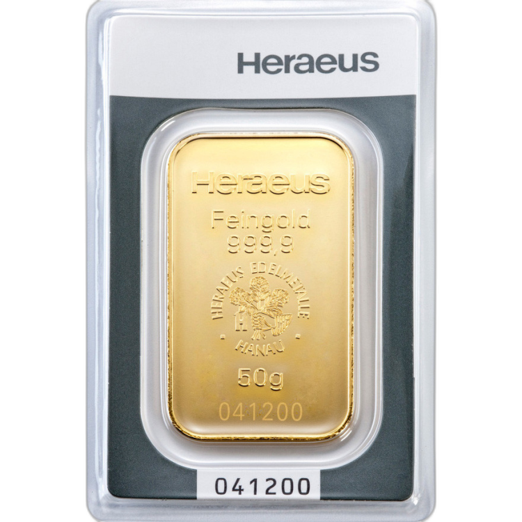 Goudbaar 50 gram Heraeus voorkant