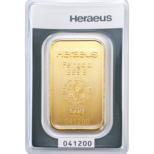 Goudbaar 50 gram Heraeus voorkant