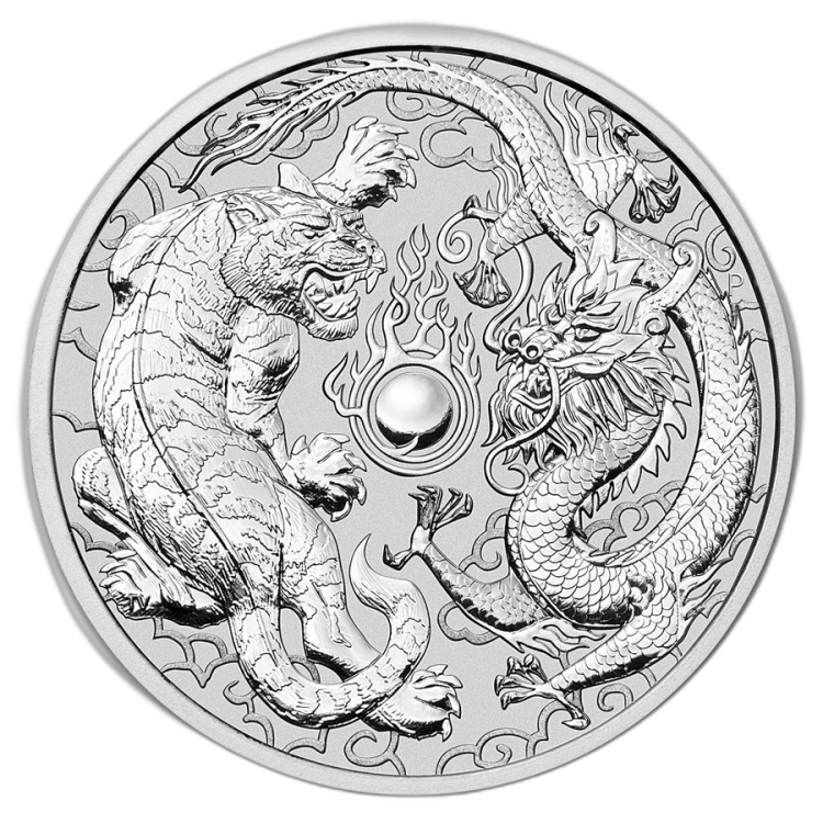 1 Troy ounce silver coin Dragon and Tiger 2018 front