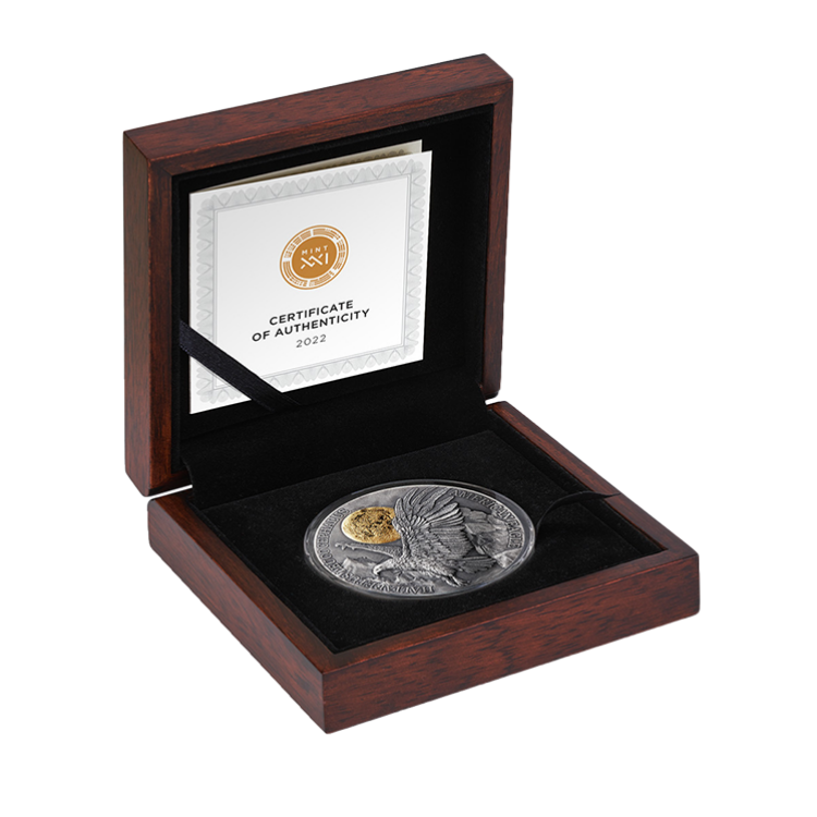 2 troy ounce zilveren munt American Eagle antieke afwerking 2022 perspectief 1