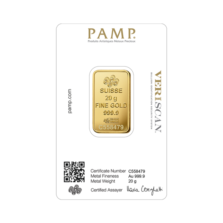 Gold bar 20 grams Pamp Suisse back
