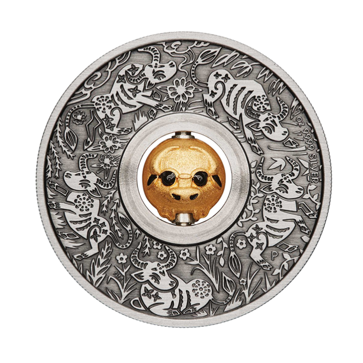 1 troy ounce zilveren munt Lunar Year of the Ox Rotating Charme antique finish voorkant