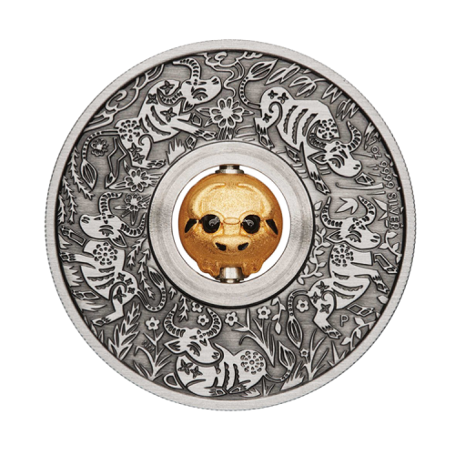 1 troy ounce zilveren munt Lunar Year of the Ox Rotating Charme antique finish voorkant
