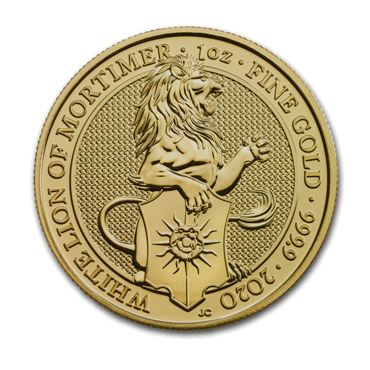 1 troy ounce gouden Queen's Beasts White Lion of Mortimer 2020 voorkant