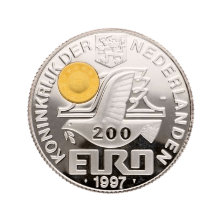 5 troy ounce silver 200 euro coin with 2 grams of gold front