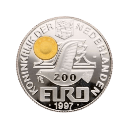 5 troy ounce silver 200 euro coin with 2 grams of gold front