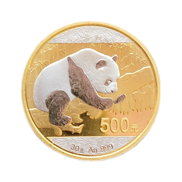 1 troy ounce gold Panda Double Platinum Edition coin front