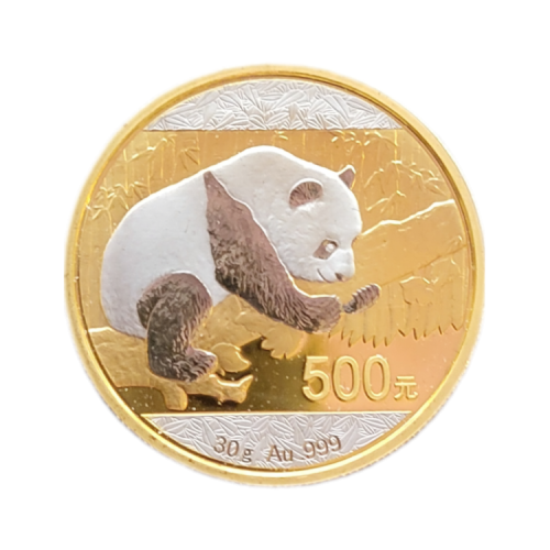 1 troy ounce gold Panda Double Platinum Edition coin front