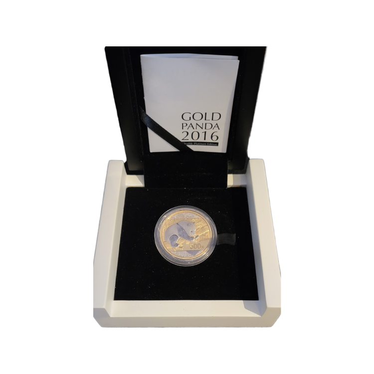 1 troy ounce gold Panda Double Platinum Edition coin angle 1