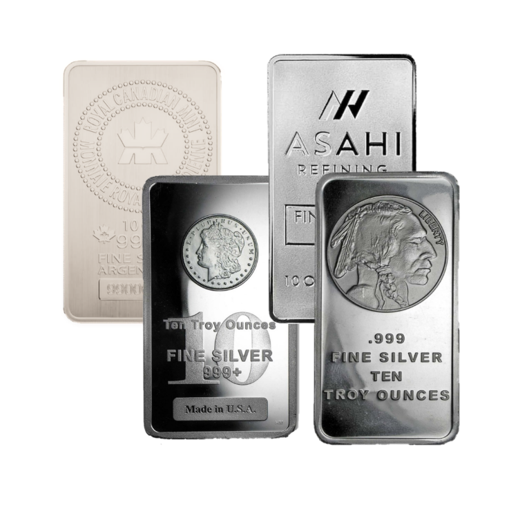 10 troy ounce silver coin bar various producers front