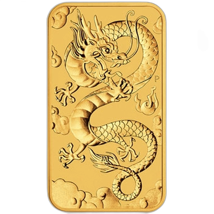 1 Troy ounce gold coin bar Rectangular Dragon 2019 front