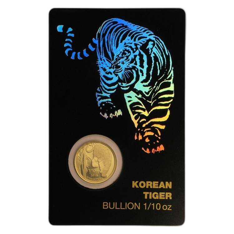 1/10 Troy ounce gold coin Korean Tiger 2018 in assay front