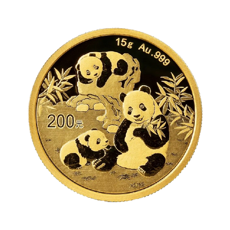 Obverse 15 gram gold Panda coin 2025