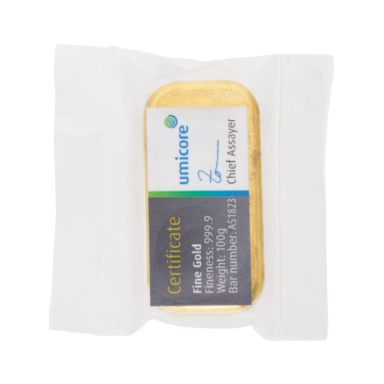 Gegoten Umicore goudbaar 100 gram met certificaat achterkant