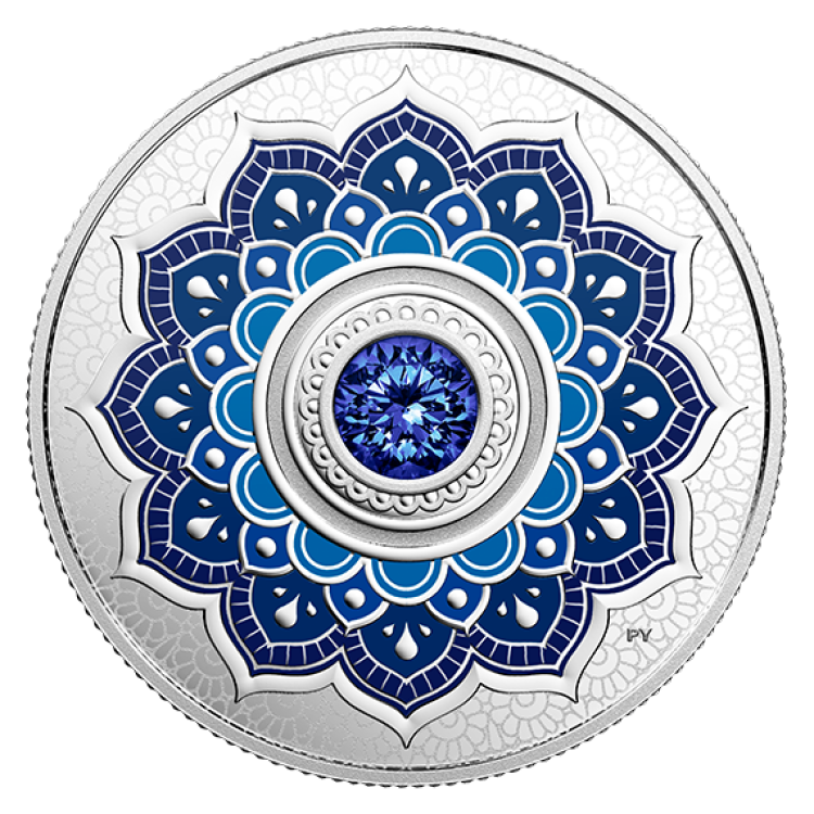 Silver coin September Birthstone Swarovski front