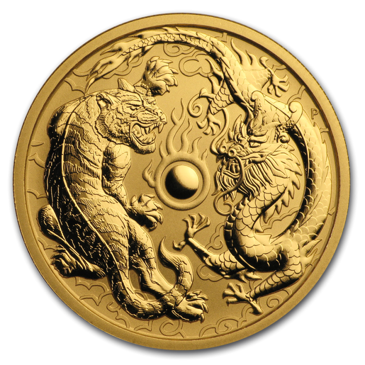 1 Troy ounce Gouden munt Dragon and Tiger 2019 voorkant