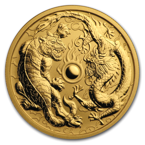 1 Troy ounce Gouden munt Dragon and Tiger 2019 voorkant
