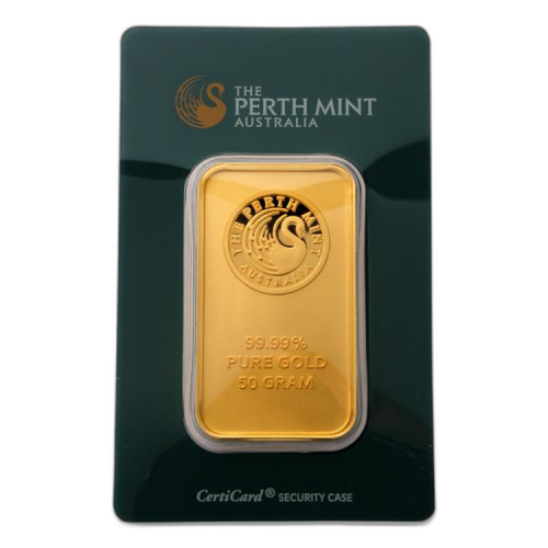 Gold bar 50 grams Perth Mint front