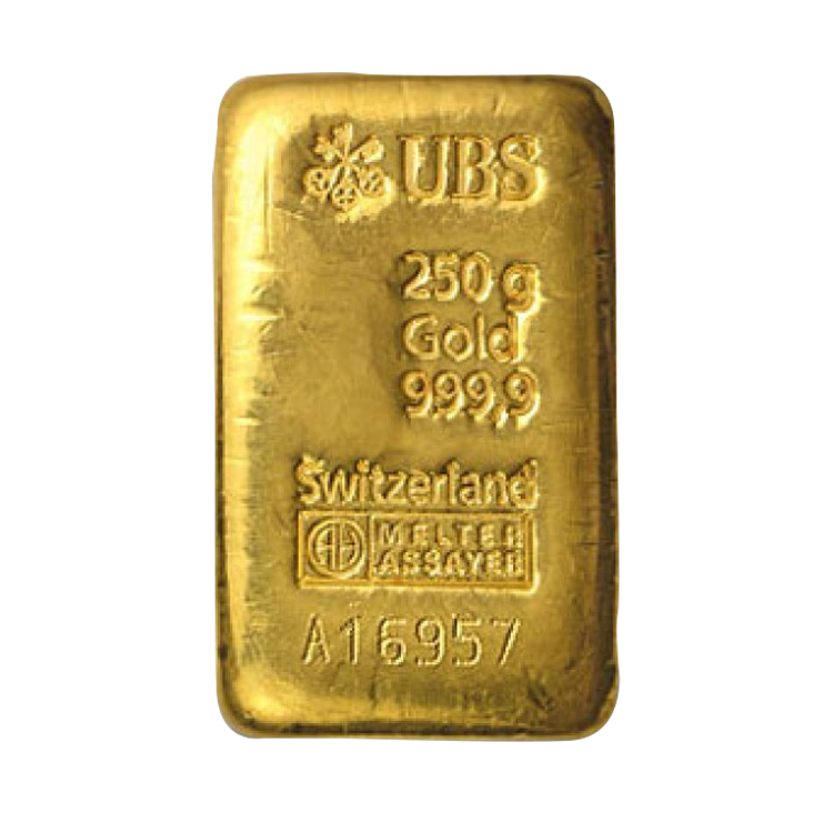 250 gram goudbaar UBS voorkant