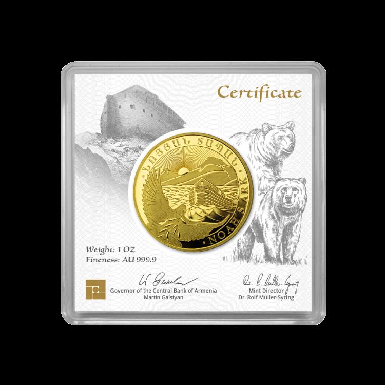 1 troy ounce gouden Noah's Ark munt met certificaat achterkant