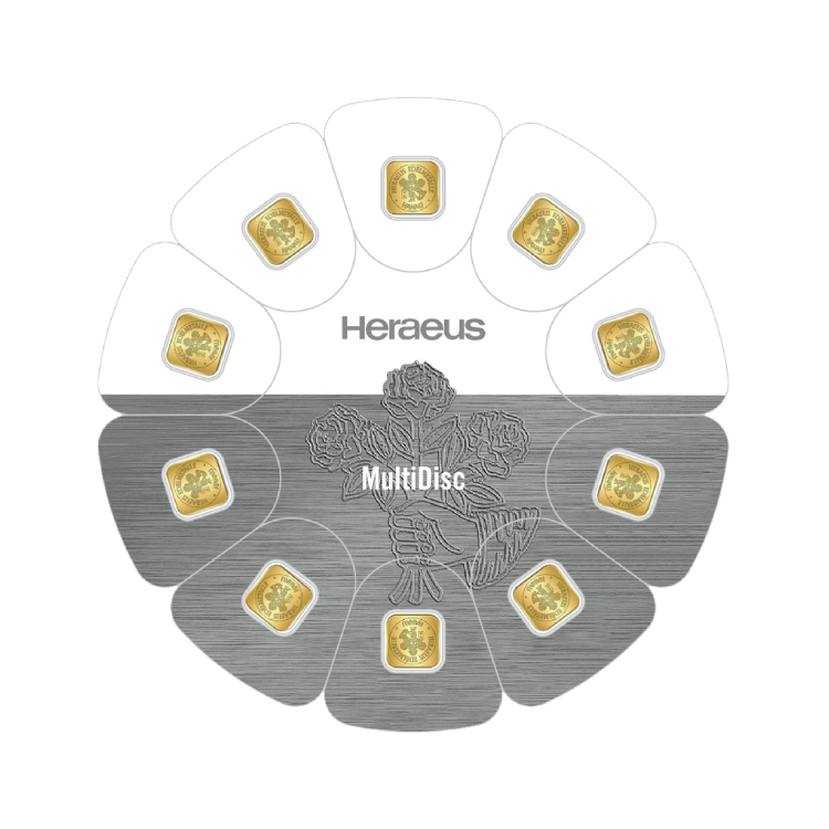 10x 1 gram goudbaren Heraeus MultiDisk voorkant