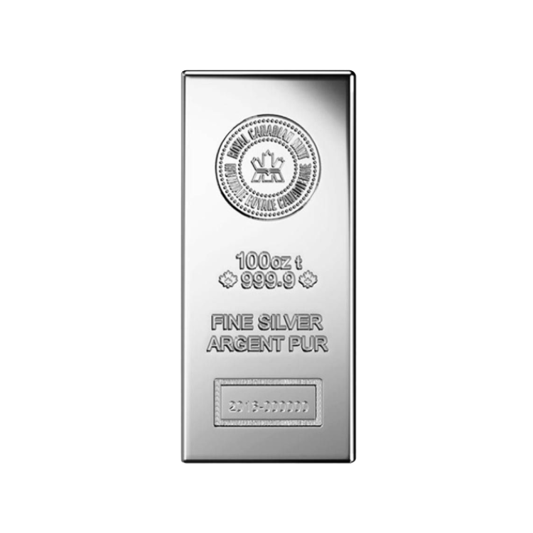 100 troy ounce zilverbaar voorkant