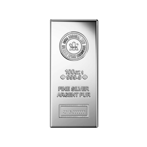 100 troy ounce zilverbaar voorkant