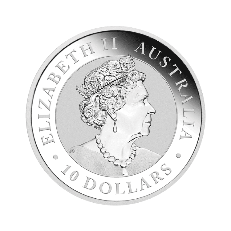 10 troy ounce zilveren Kookaburra munt circulated achterkant