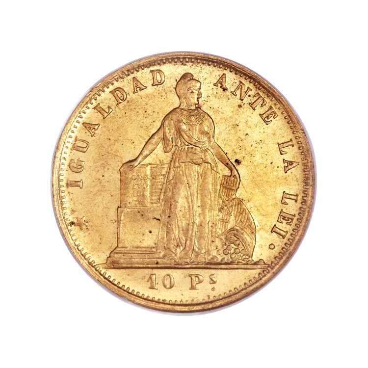Gold 10 Pesos coin Chile back