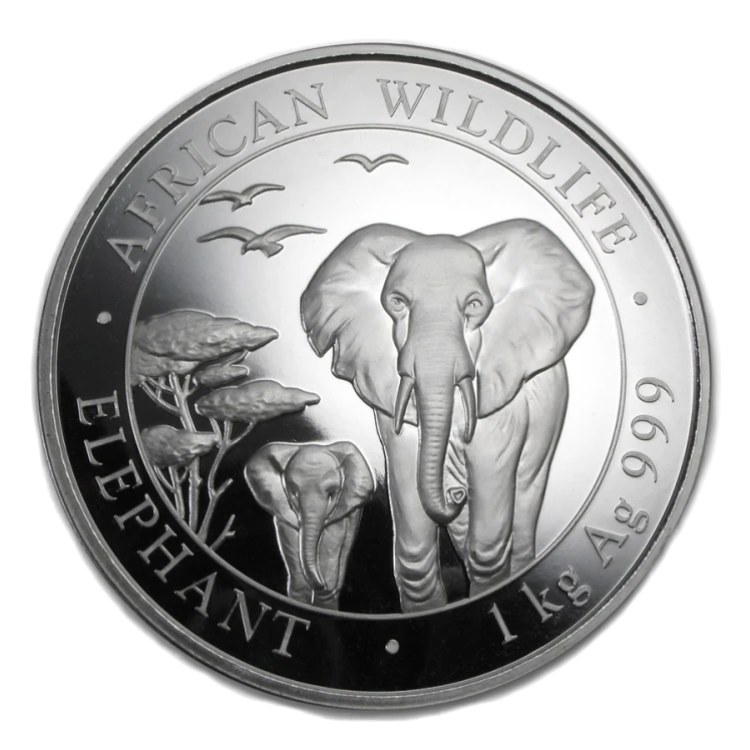 1 kilo zilveren munt Somalische Olifant voorkant