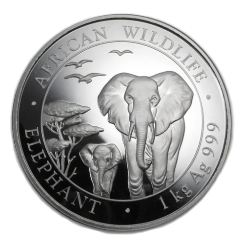 1 kilo zilveren munt Somalische Olifant voorkant