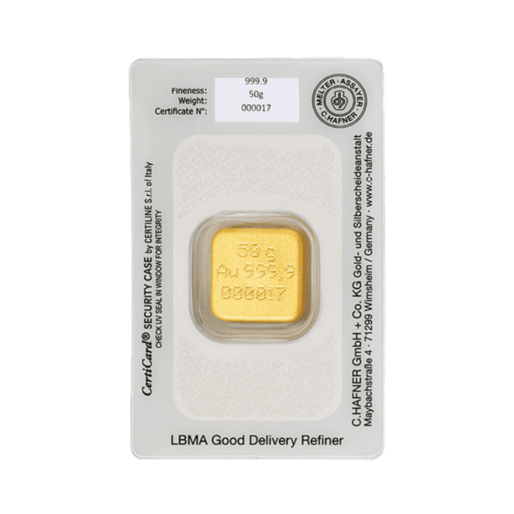 Goudbaar 50 gram C. Hafner Nugget achterkant