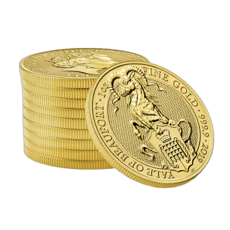 1 troy ounce gouden Queen's Beasts Yale of Beaufort 2019 stapel