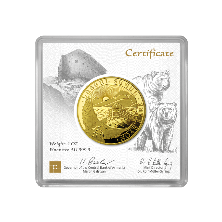 1 troy ounce gouden Noah's Ark munt certificaat achterkant