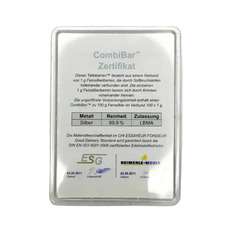 100 gram zilveren Combibar | Heimerle-Meule achterkant