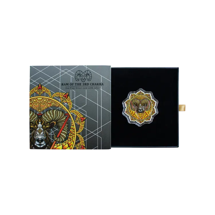 2 oz zilveren Ram of the 3rd Chakra munt | Phil Lewis Seven Chakras perspectief 1