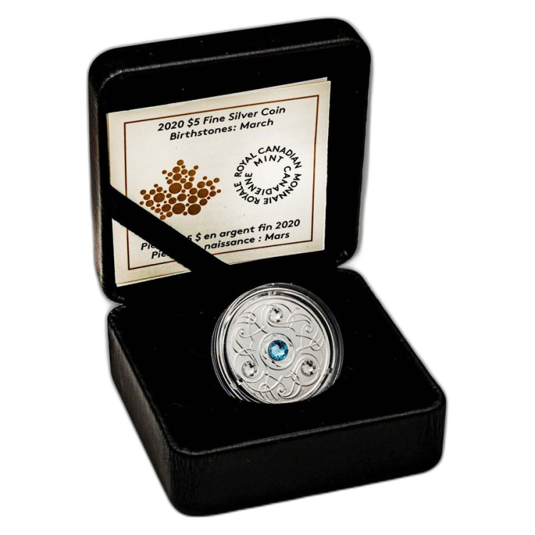 Silver coin March Birthstone Swarovski 2020 front