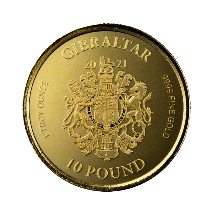 1 troy ounce gouden Gibraltar Lady Justice munt achterkant
