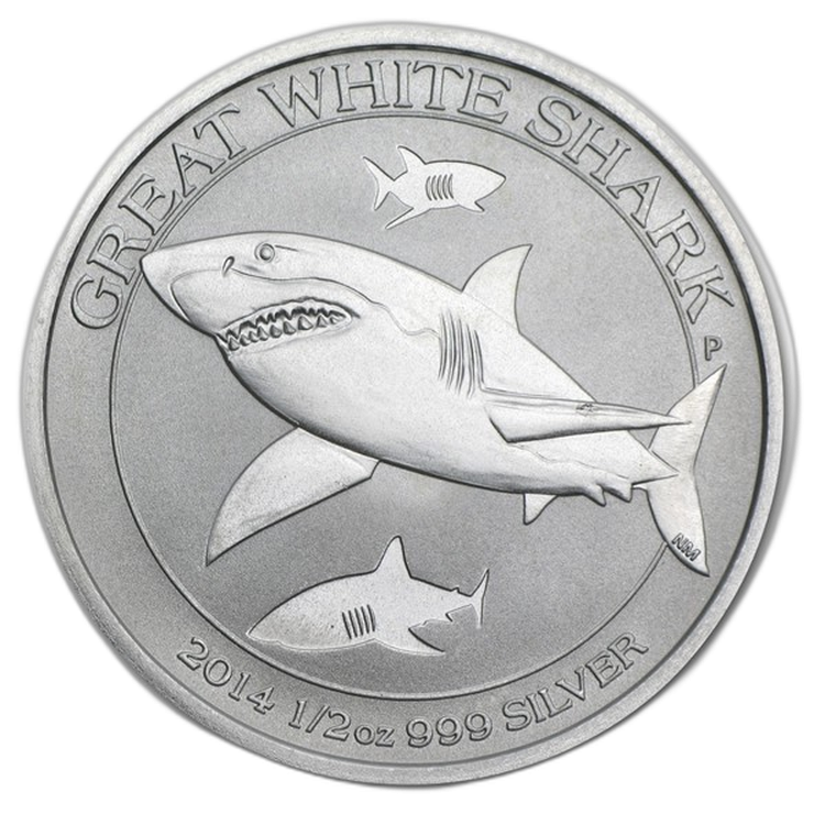 1/2 Troy ounce silver coin 2014 Great White Shark front