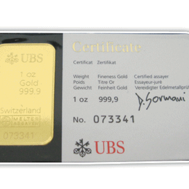UBS goudbaar 1 troy ounce kinebar voorkant