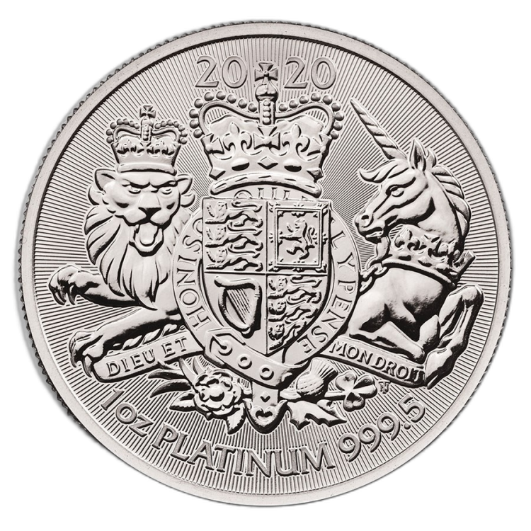 1 Troy ounce platina munt Royal Arms 2020 voorkant